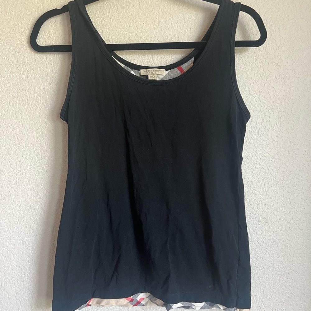 Burberry Black Women's Tank Top with Check-Trim Hem